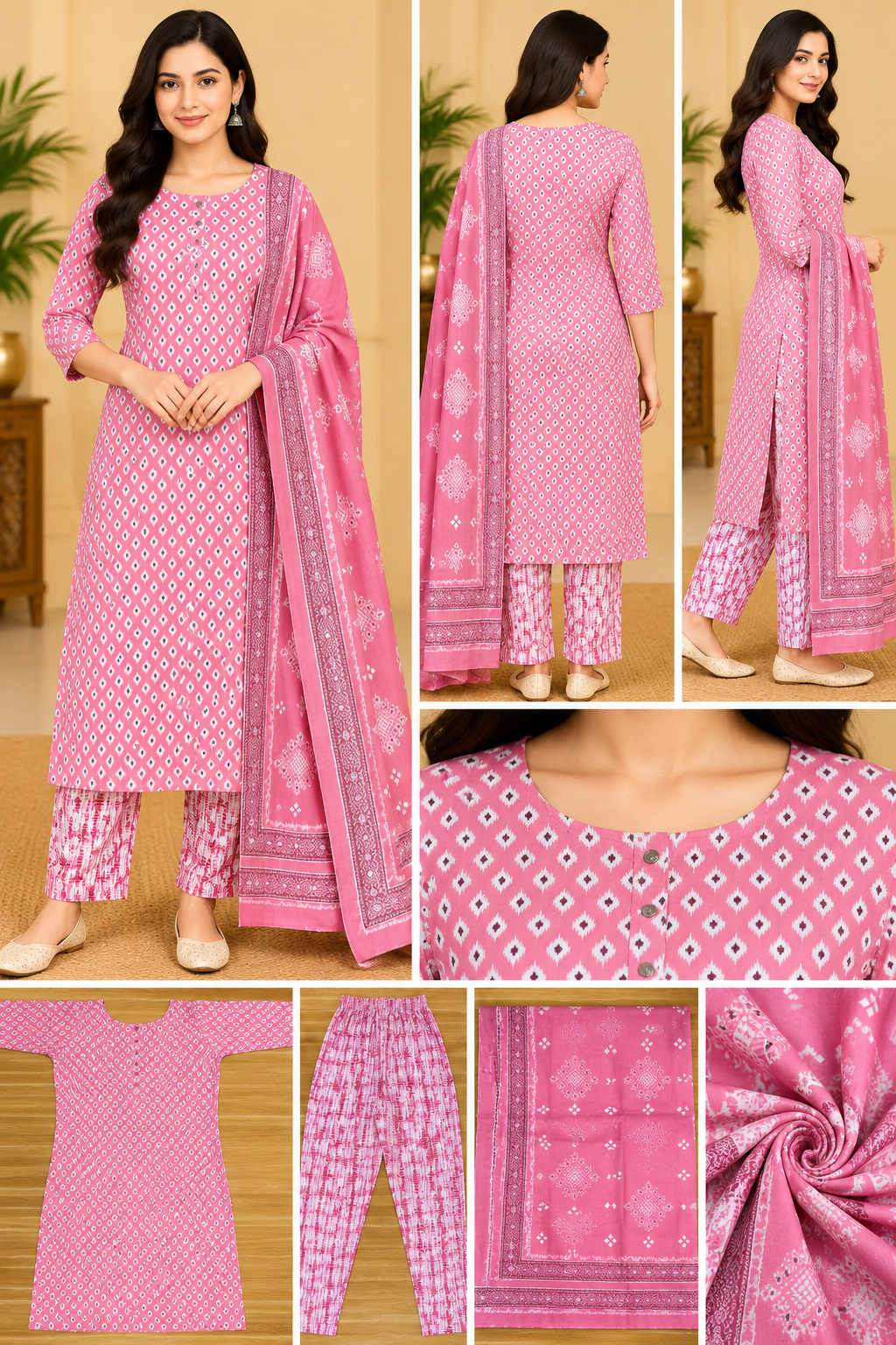 Women's Pink Printed Kurta Pant Dupatta Set