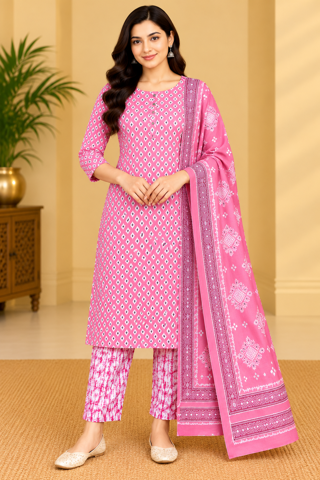 Women's Pink Printed Kurta Pant Dupatta Set Thumbnail