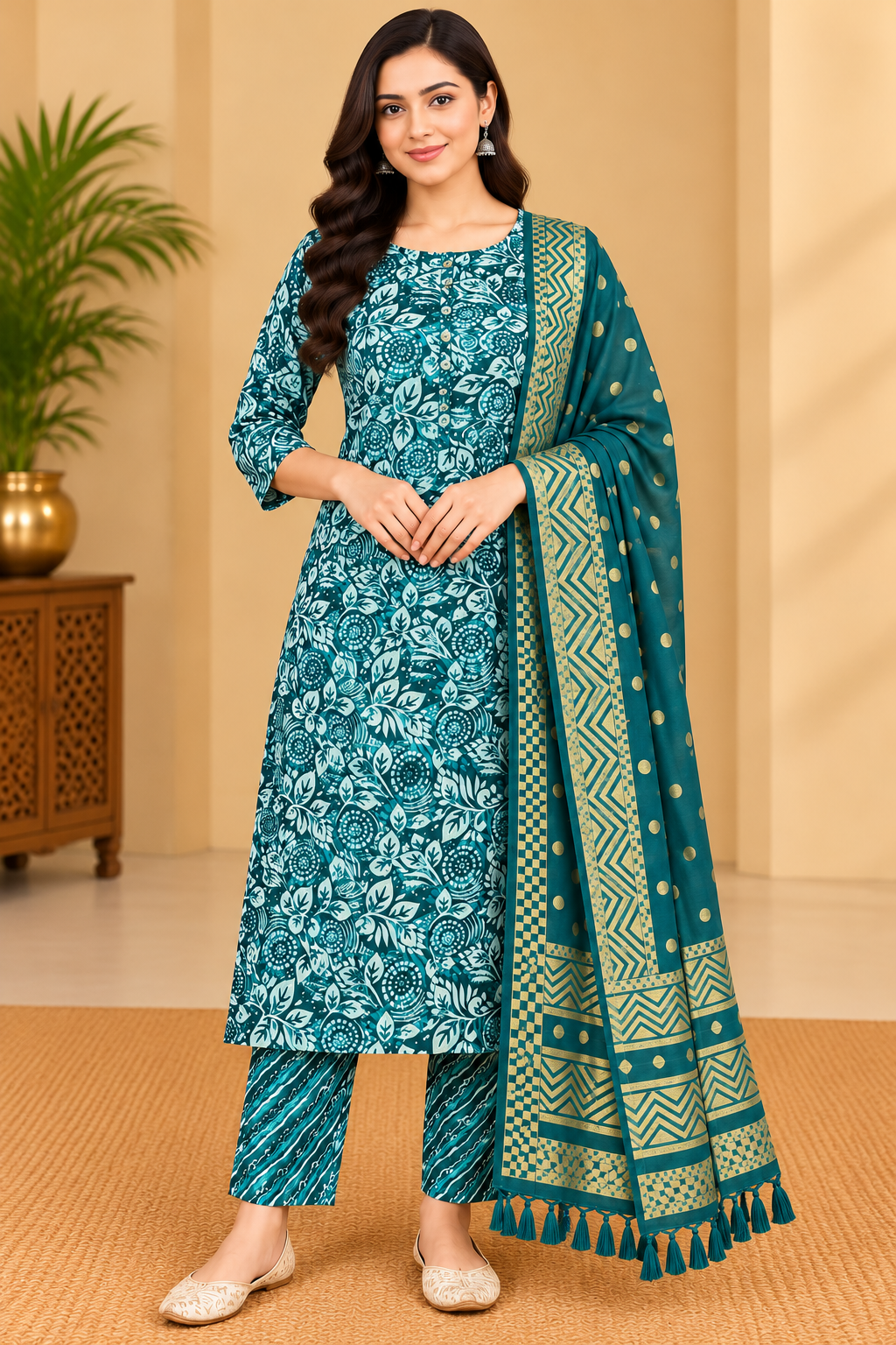 Women's Teal Green Floral Printed Kurta Pant Set with Gold Printed Dupatta Thumbnail
