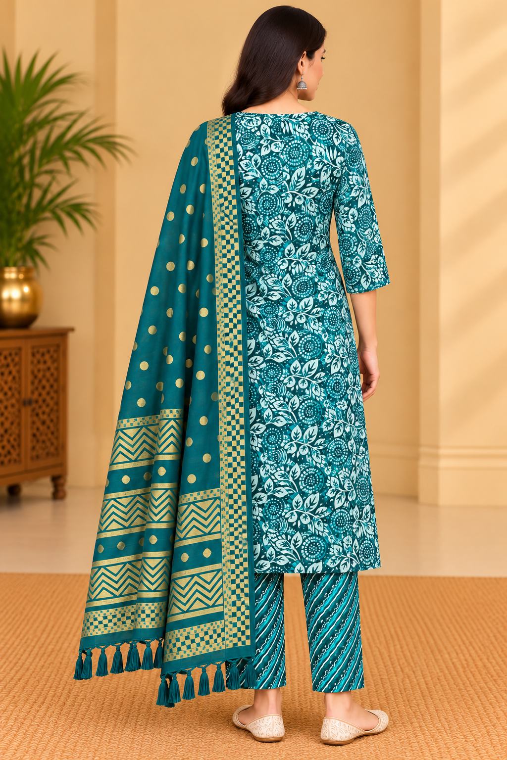 Women's Teal Green Floral Printed Kurta Pant Set with Gold Printed Dupatta Thumbnail