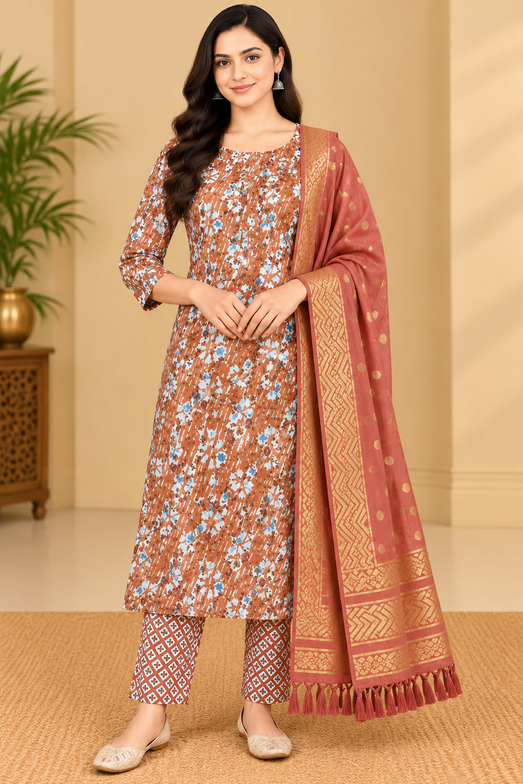 Women's Rust Brown Floral Printed Kurta Pant Set with Peach Gold Printed Dupatta Thumbnail