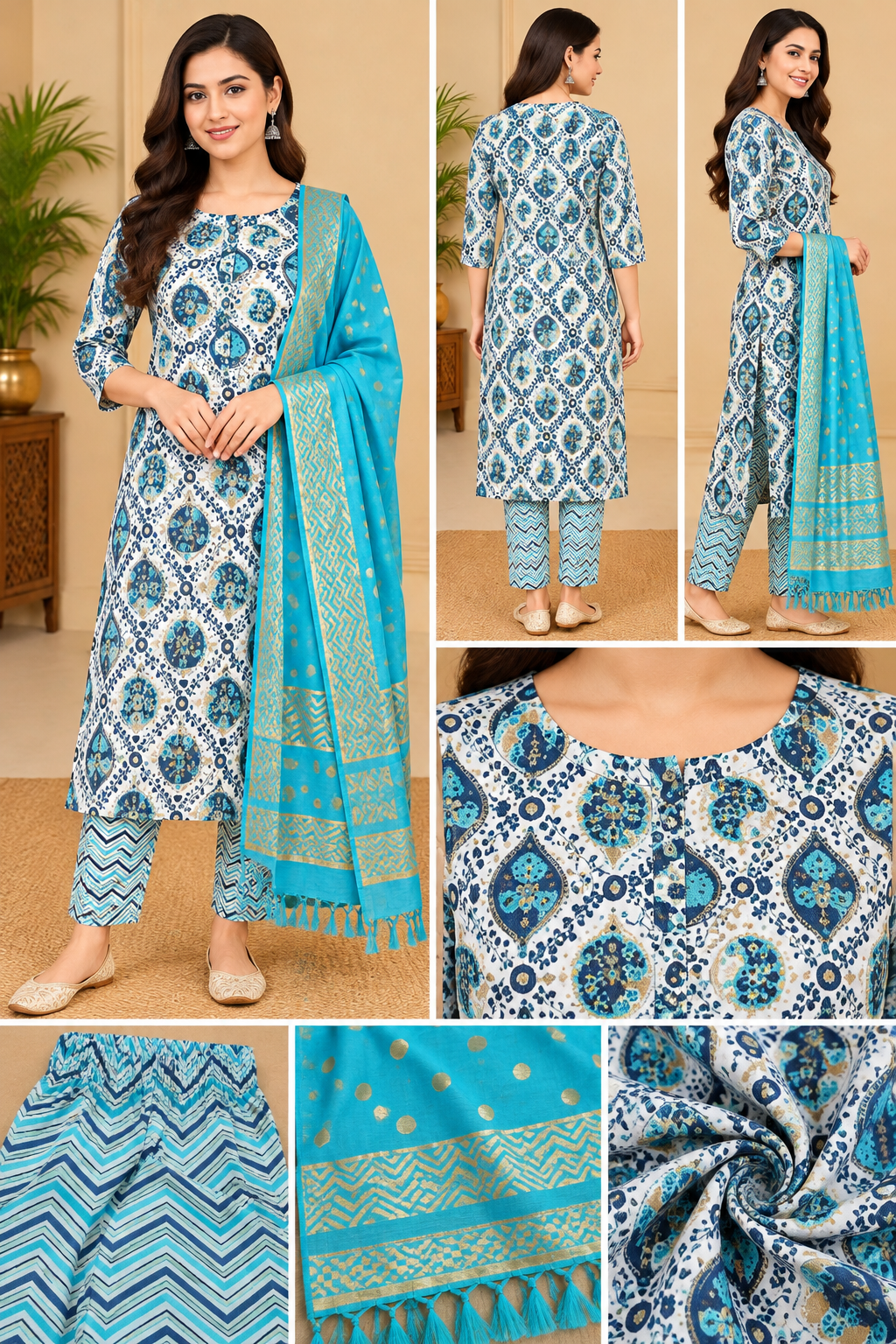Women's Sky Blue & Turquoise Floral Printed Kurta Pant Set with Golden Zari Dupatta