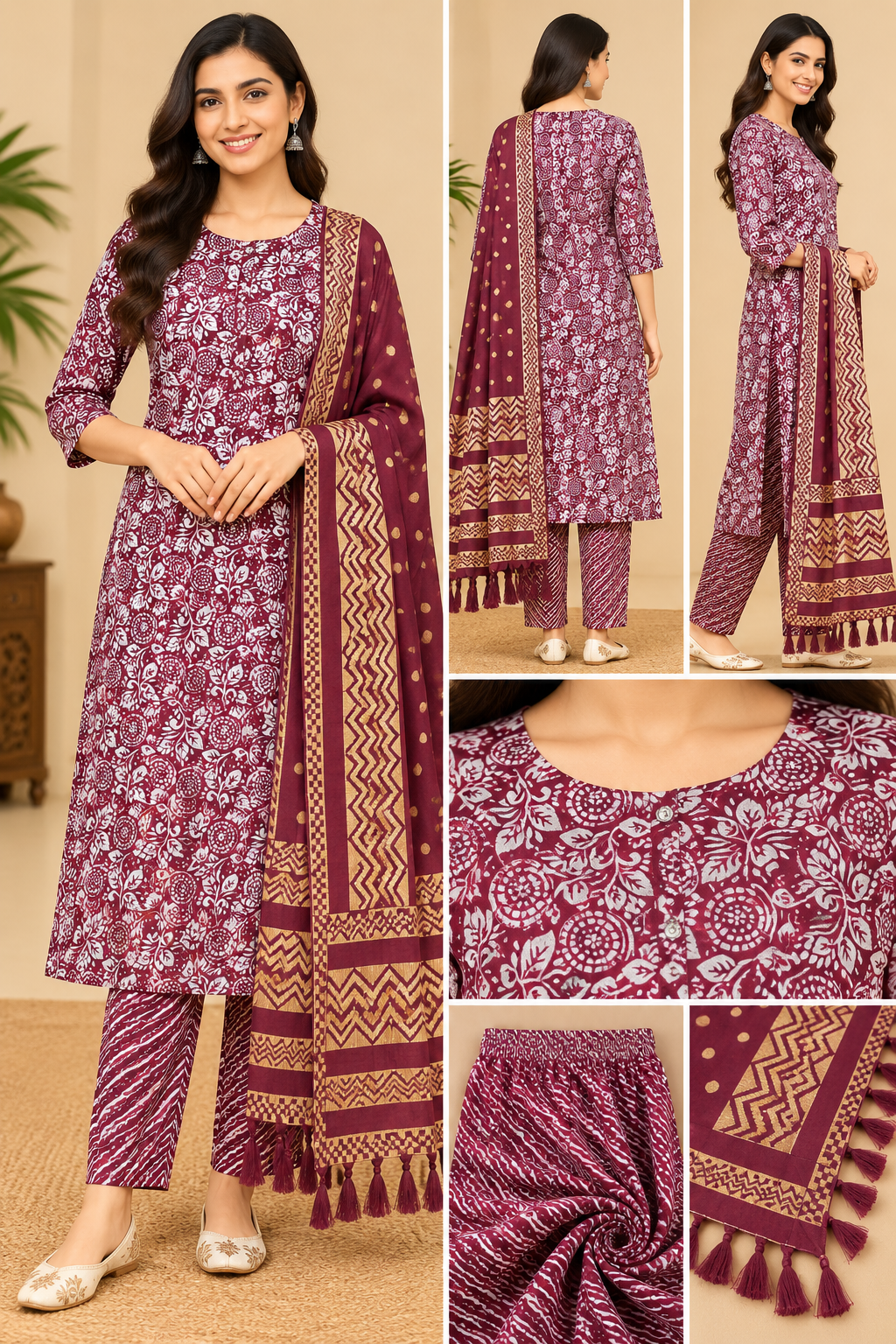 Maroon Floral Printed Kurta Pant Set with Dupatta for Women
