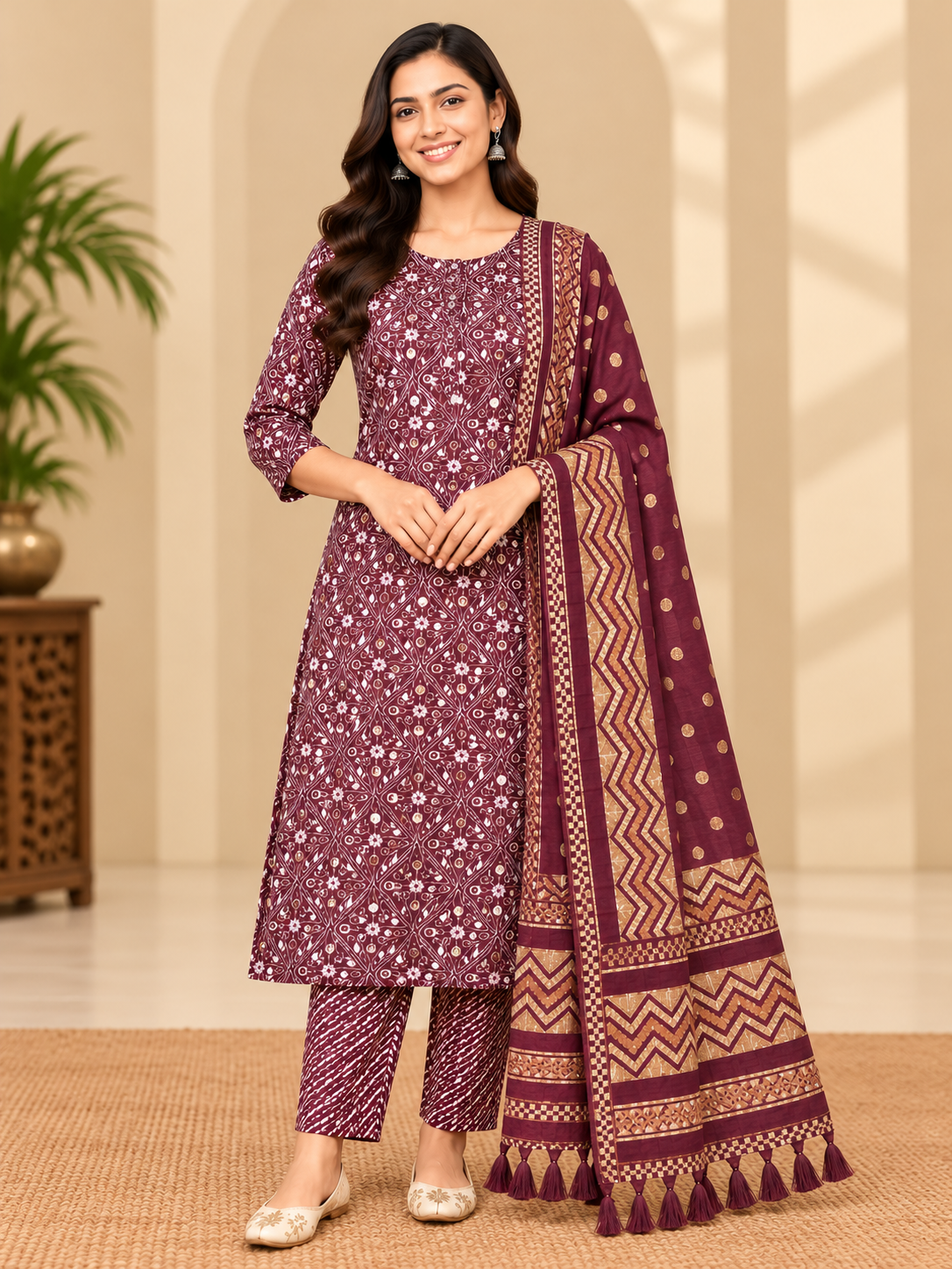 Wine Maroon Printed Kurta Pant Set with Dupatta for Women Thumbnail