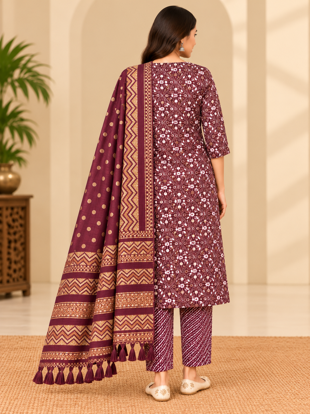 Wine Maroon Printed Kurta Pant Set with Dupatta for Women Thumbnail