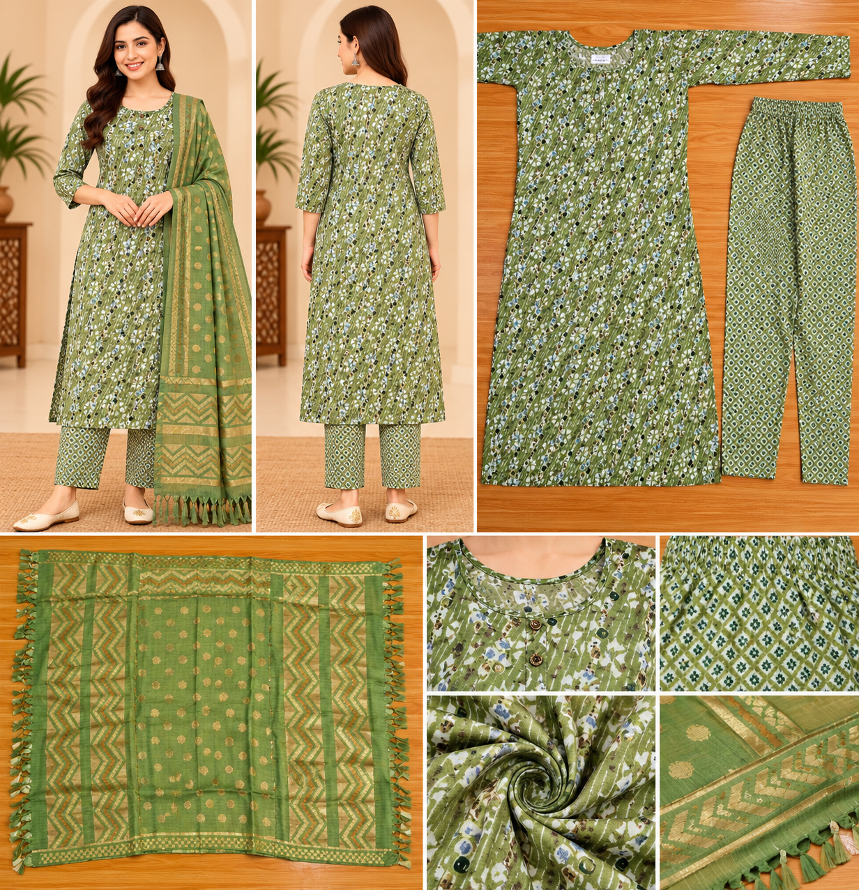 Women's Olive Green Printed Kurta Pant Set with Dupatta