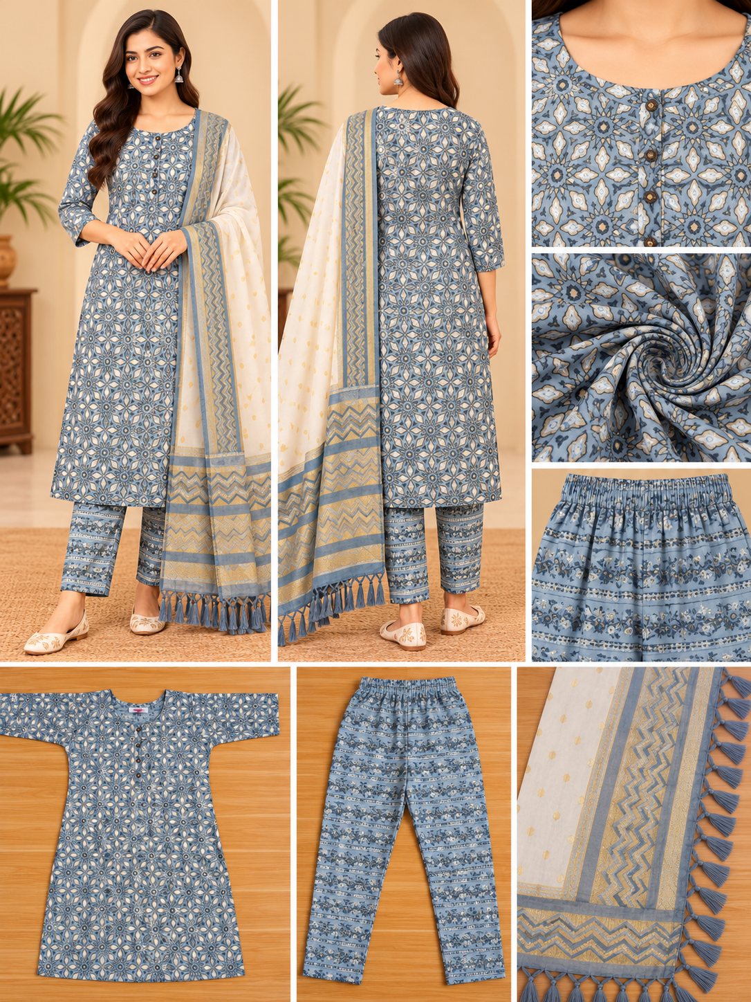 Slate Blue Printed Kurta Pant Set with Dupatta for Women