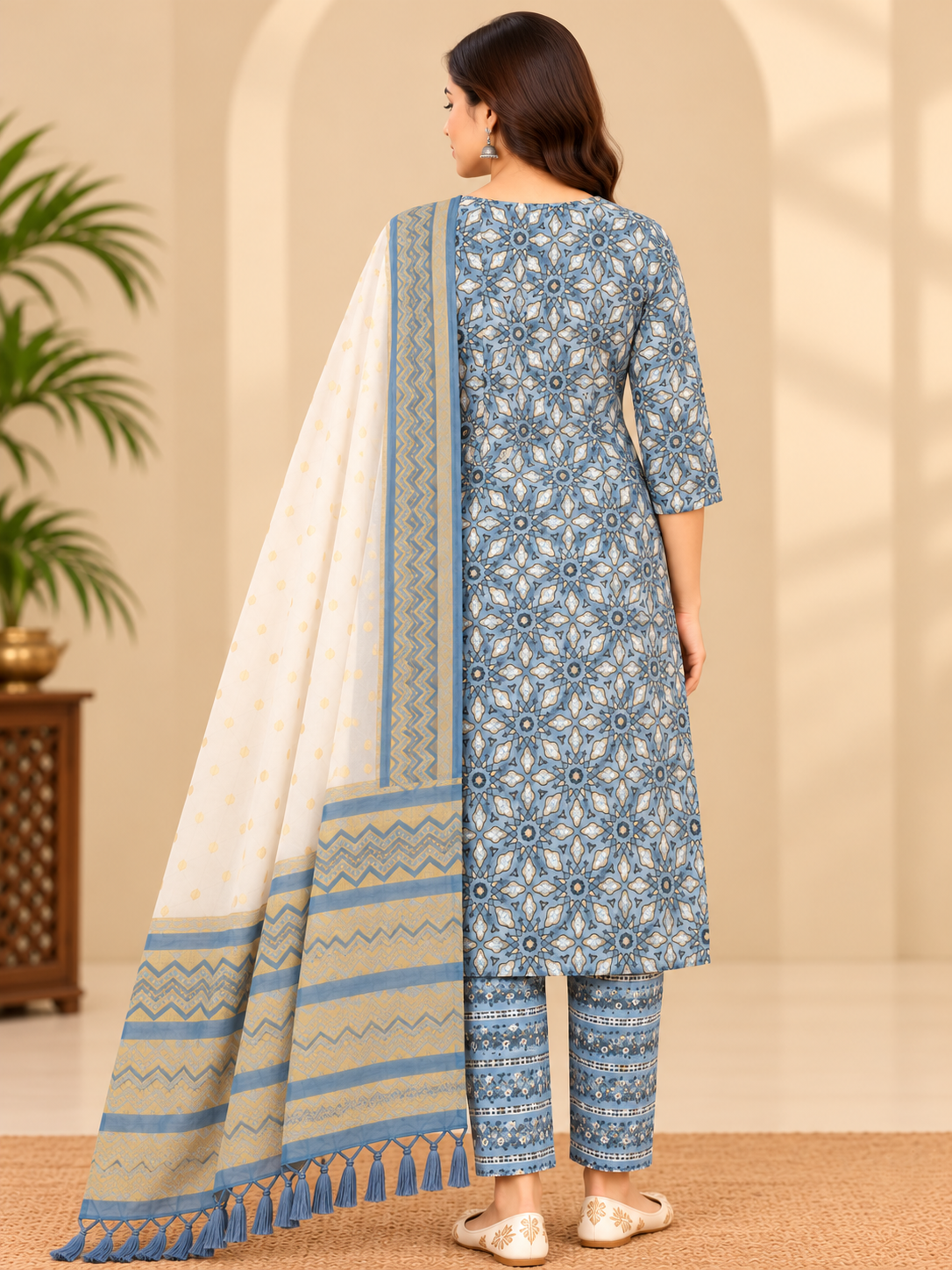 Slate Blue Printed Kurta Pant Set with Dupatta for Women Thumbnail