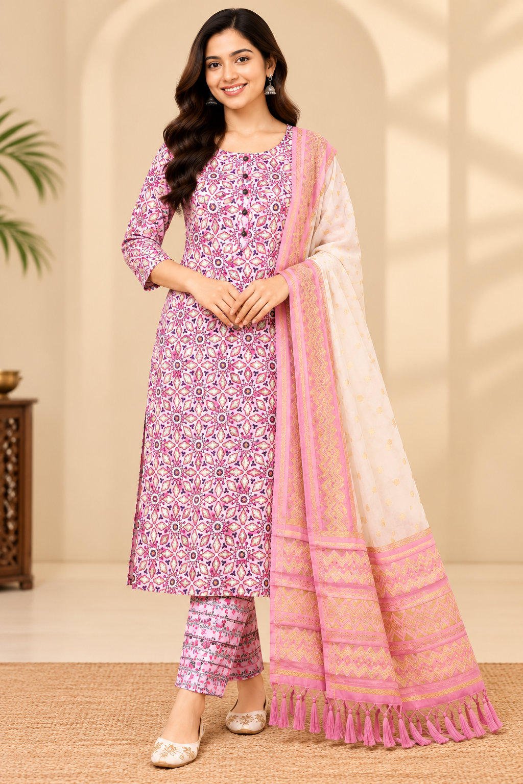 Pink Printed Kurta Pant Set with Dupatta for Women Thumbnail