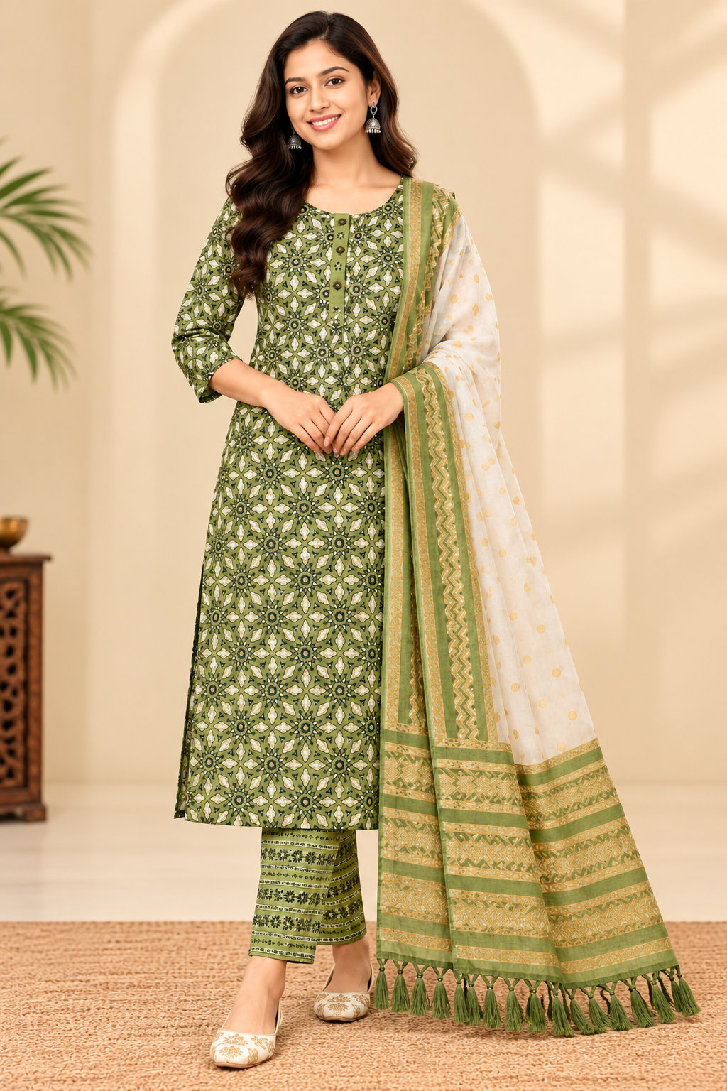 Olive Green Printed Kurta Pant Set with Dupatta for Women Thumbnail
