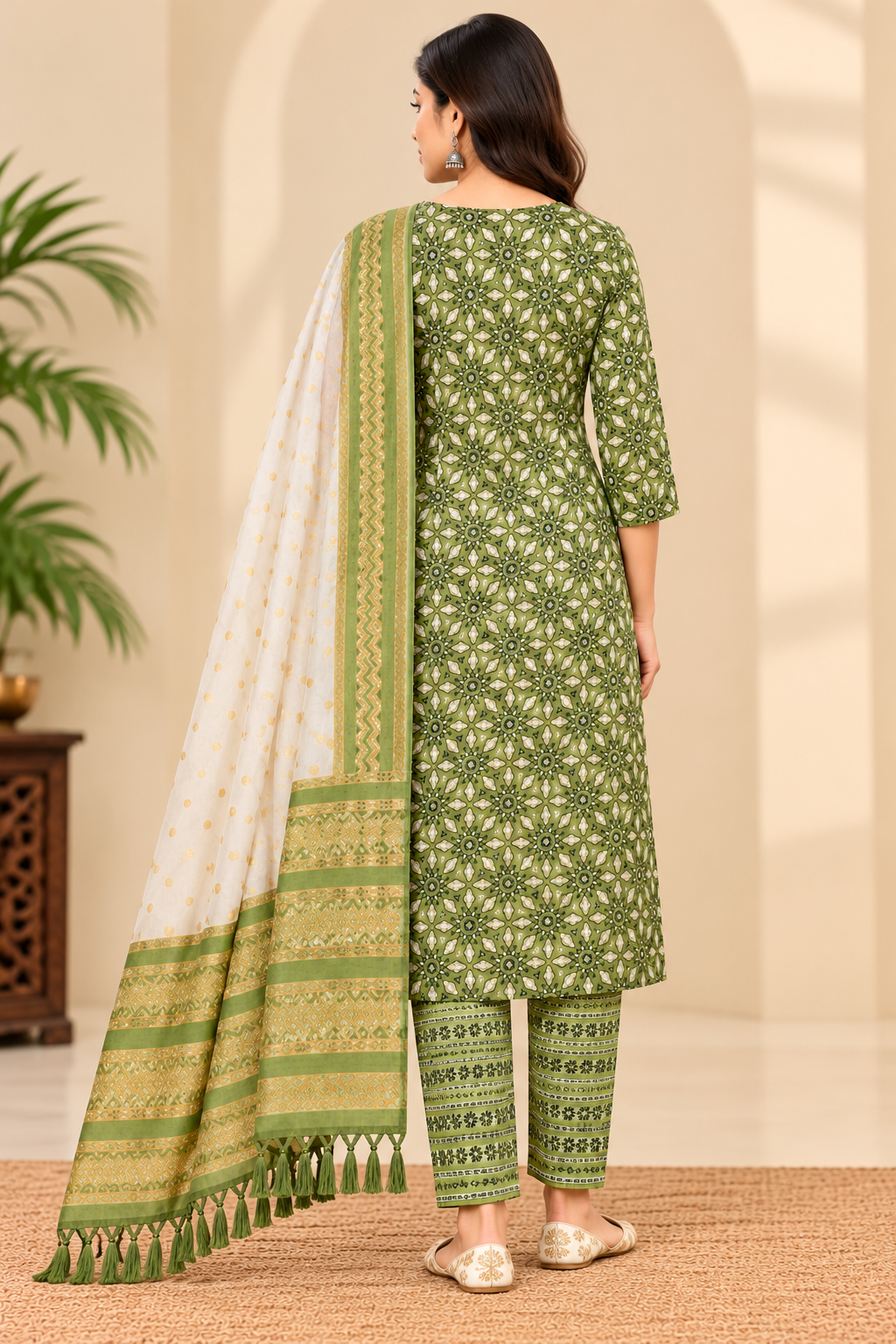 Olive Green Printed Kurta Pant Set with Dupatta for Women Thumbnail