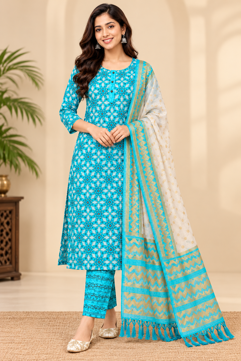 Turquoise Blue Printed Kurta Pant Set with Dupatta for Women Thumbnail