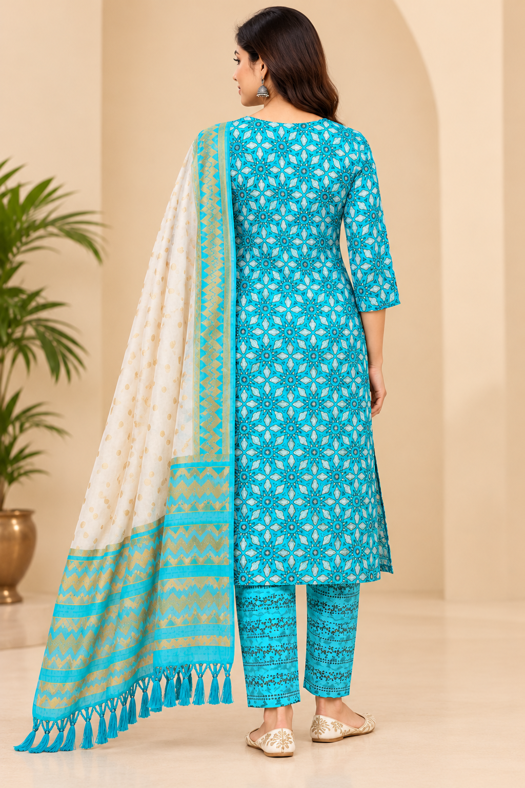 Turquoise Blue Printed Kurta Pant Set with Dupatta for Women Thumbnail